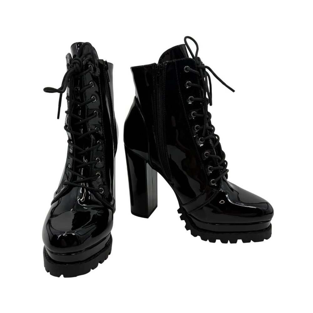 Black Faux Patent Leather Lug Sole Platform Heel Boots 10 | Baddie Dark Romance - Picture 6 of 16